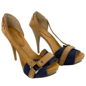 Vittorio D'Firenze Heels Stiletto Pump Tan Blue‎ Size 9 Denim Leather 5" Height
